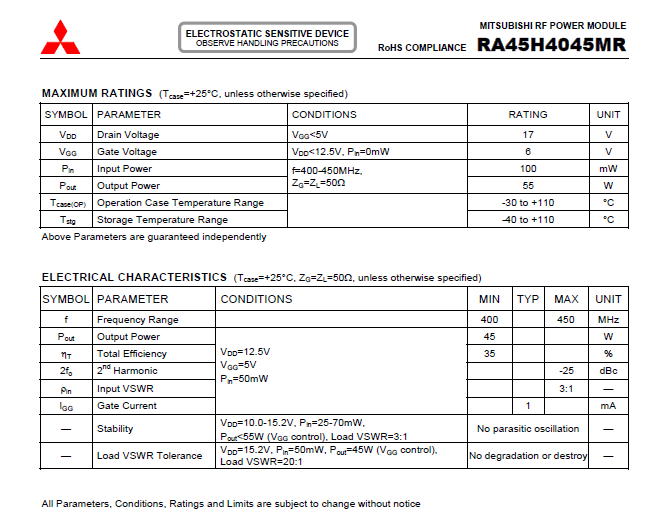 Enhancement Type Mosfet N Channel Transistor 45W 12.5V RA45H4045MR-101
